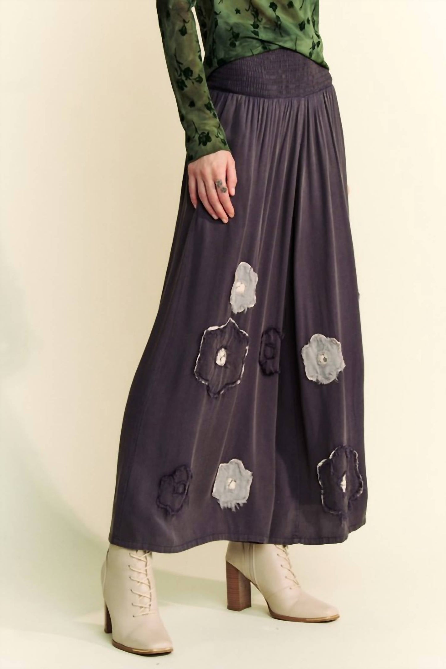 Davi & Dani - Garment Washed Floral Patch Wide Pants