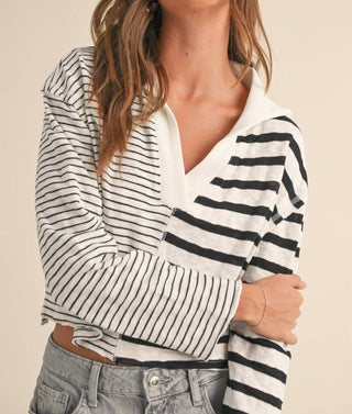 Miou Muse - V-Neck Contrast Striped Top