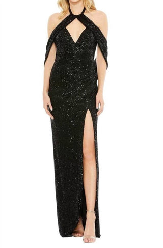 Mac Duggal - Vestido feminino com decote halter e manga drapeada