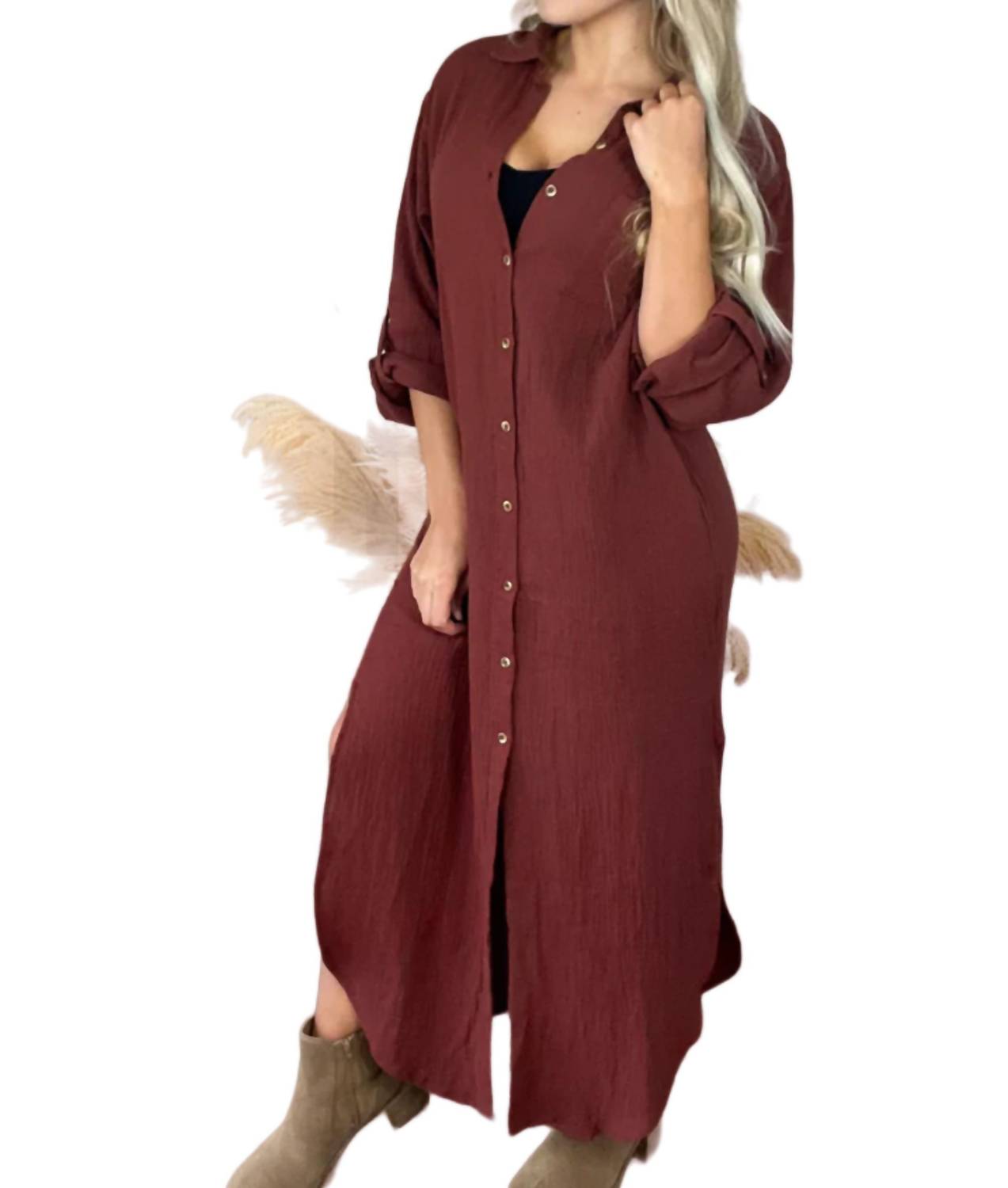 Style Usa - Maxi Gauze Shirt Dress