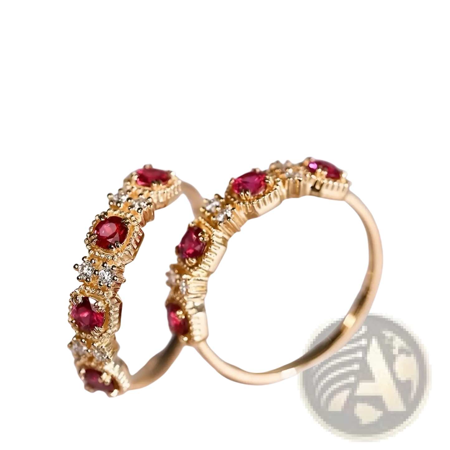 18k Gold Plated Pigeon Blood Ruby and Diamond Band Ring