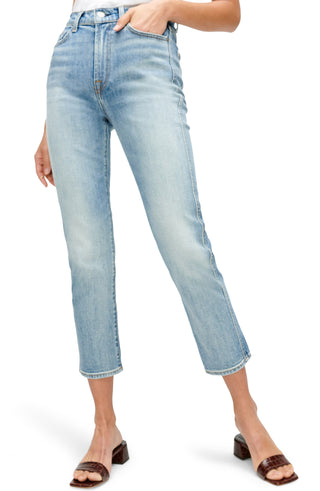 Calça jeans feminina JEN7 Whisker Wash com corte reto e efeito desgastado, azul, tamanho 26