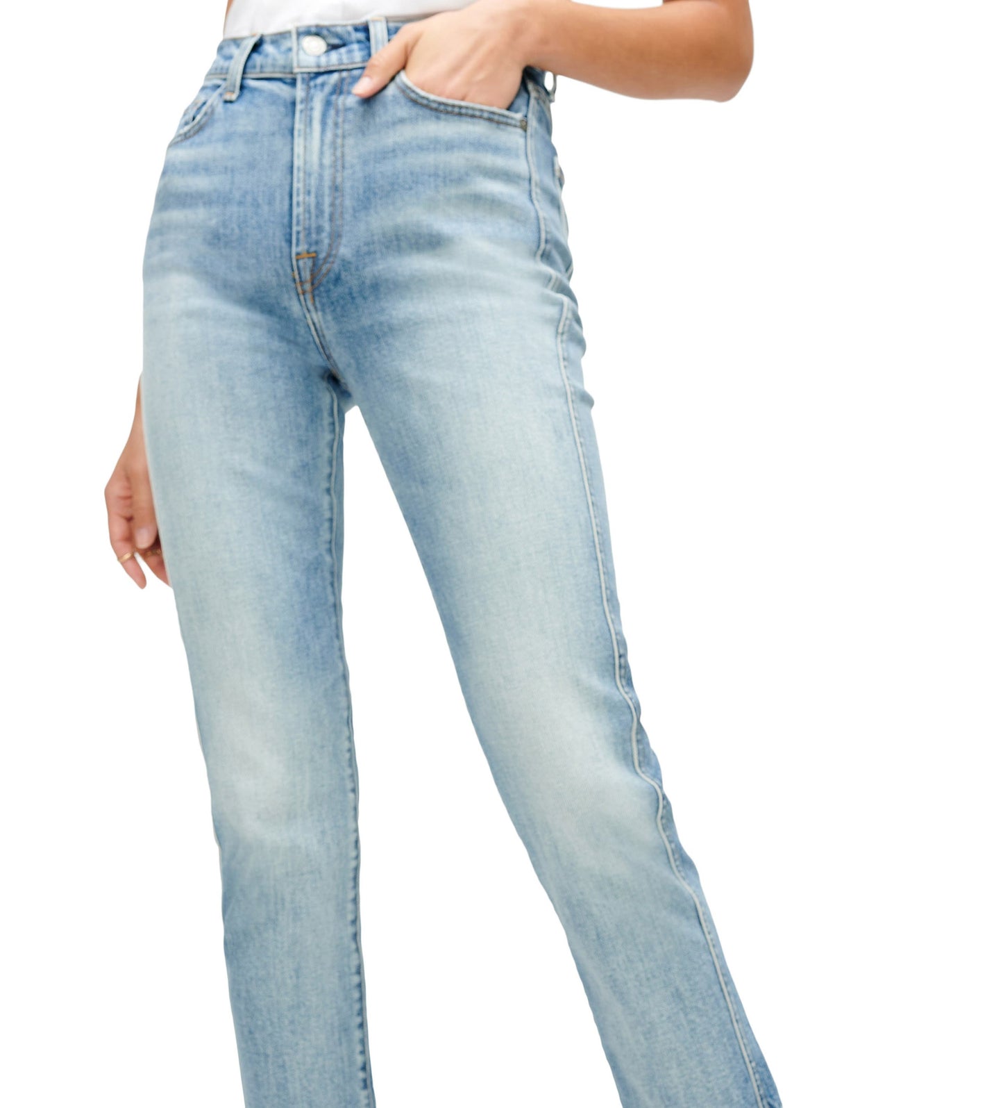 Calça jeans feminina JEN7 Whisker Wash com corte reto e efeito desgastado, azul, tamanho 26