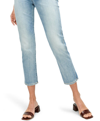 Calça jeans feminina JEN7 Whisker Wash com corte reto e efeito desgastado, azul, tamanho 26