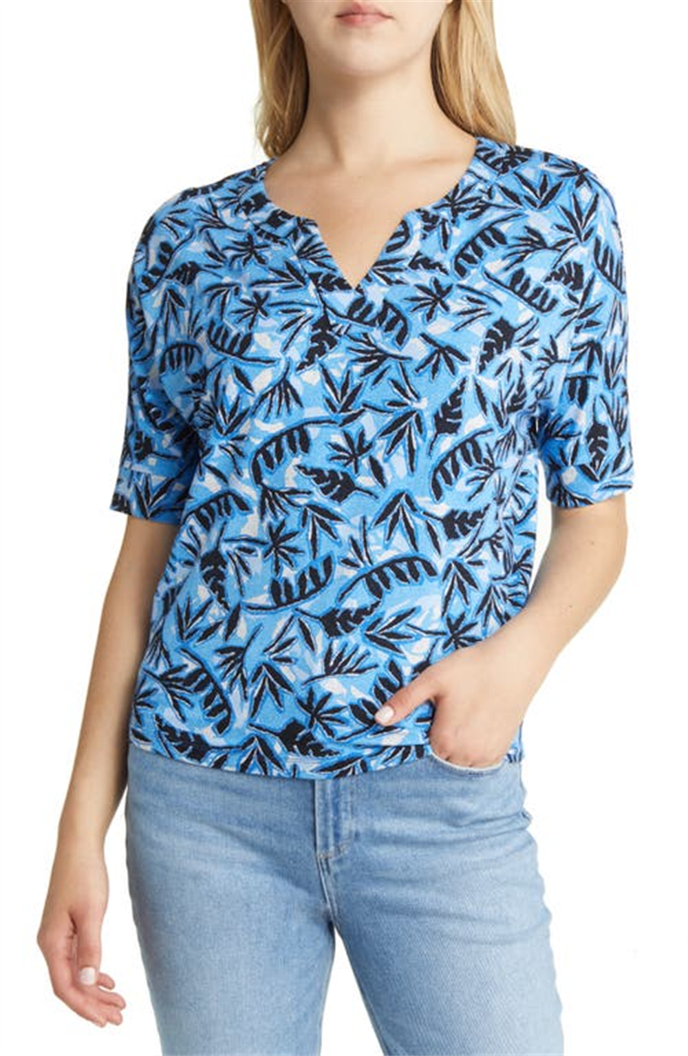 Blusa com estampa de palmeira Coastal Vines da NIC+ZOE em azul, tamanho XXL