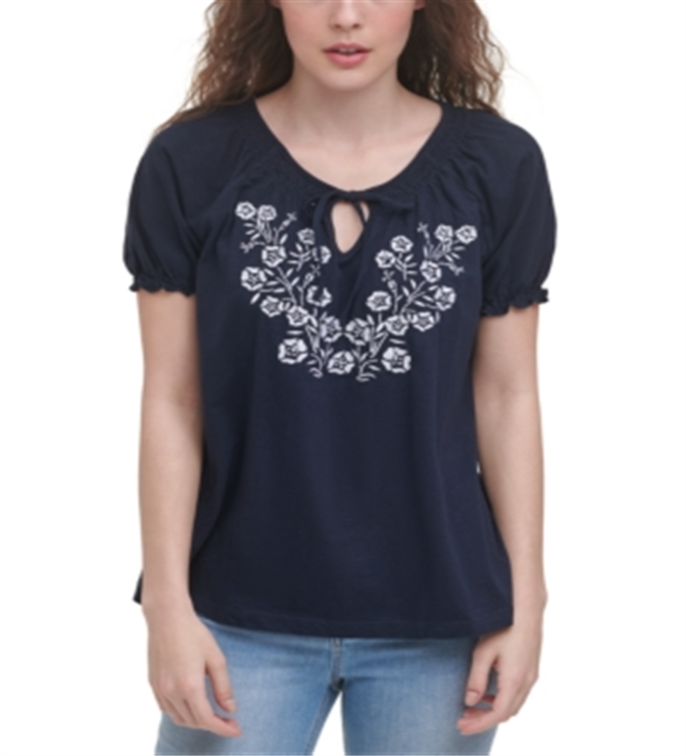 Tommy Hilfiger Blusa Camponesa Bordada de Algodão Feminina Azul Tamanho X-G