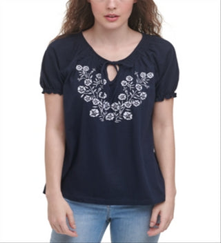 Tommy Hilfiger Blusa Camponesa Bordada de Algodão Feminina Azul Tamanho X-G