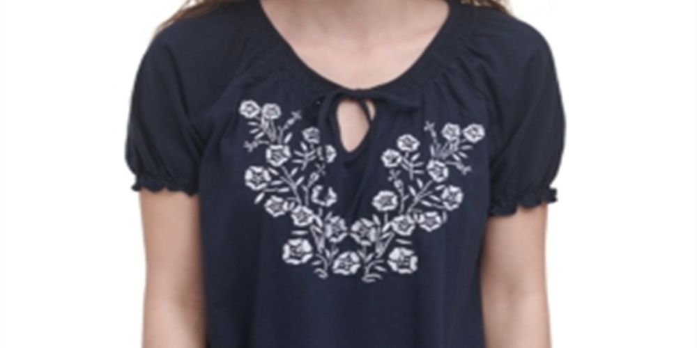 Tommy Hilfiger Blusa Camponesa Bordada de Algodão Feminina Azul Tamanho X-G