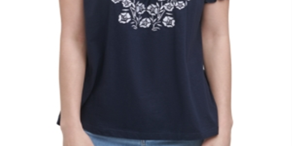 Tommy Hilfiger Blusa Camponesa Bordada de Algodão Feminina Azul Tamanho X-G