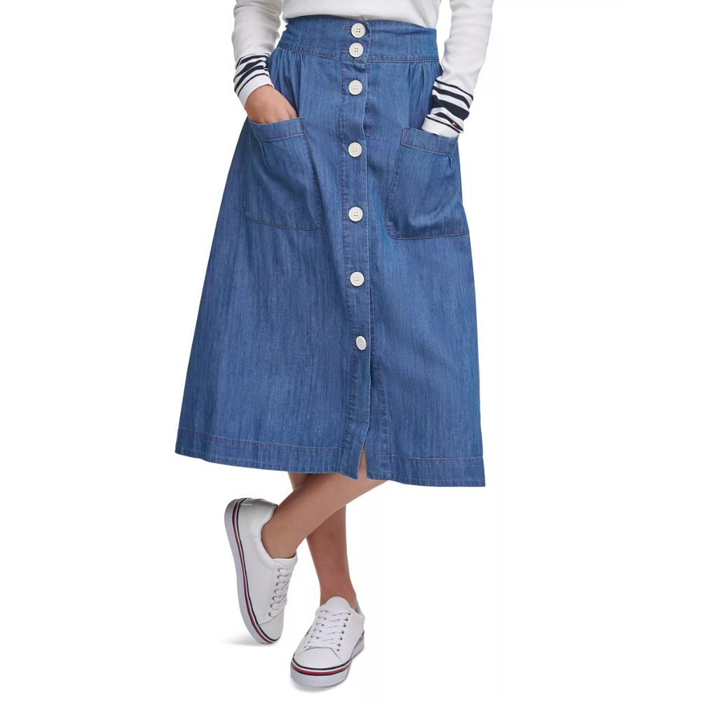 Saia midi feminina Tommy Hilfiger Chambray azul tamanho X-S