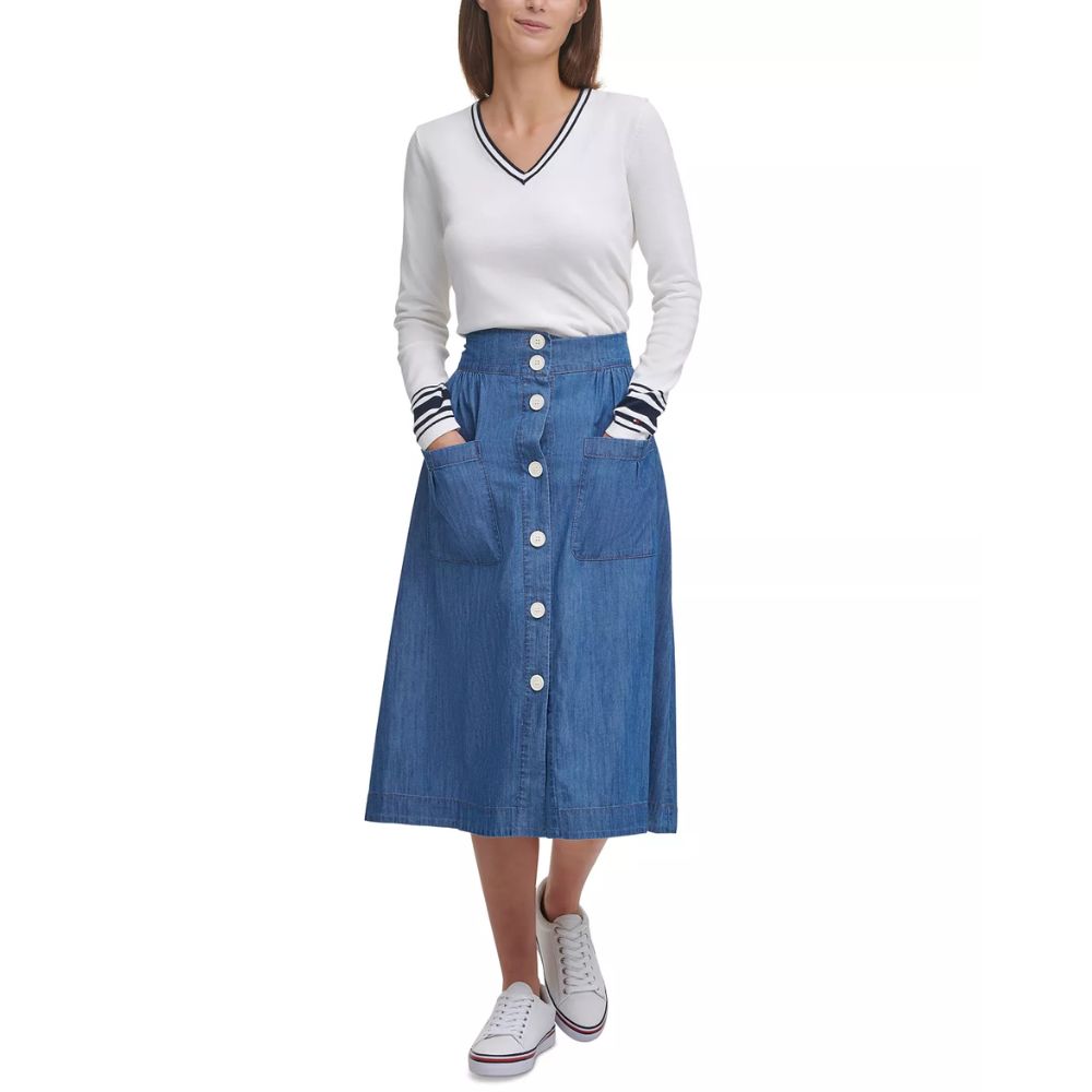 Saia midi feminina Tommy Hilfiger Chambray azul tamanho X-S