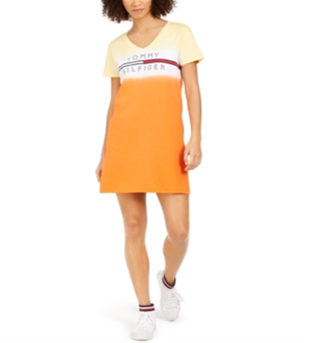 Vestido camiseta feminino Tommy Hilfiger com estampa tie-dye e logo Ombre, amarelo, tamanho médio