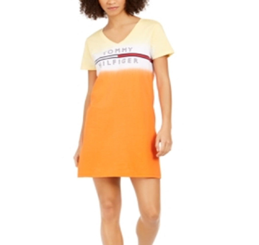 Vestido camiseta feminino Tommy Hilfiger com estampa tie-dye e logo Ombre, amarelo, tamanho médio