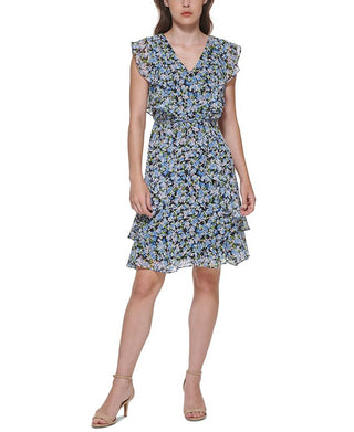 Vestido feminino Tommy Hilfiger com estampa floral e manga curta, acima do joelho, azul, tamanho 8