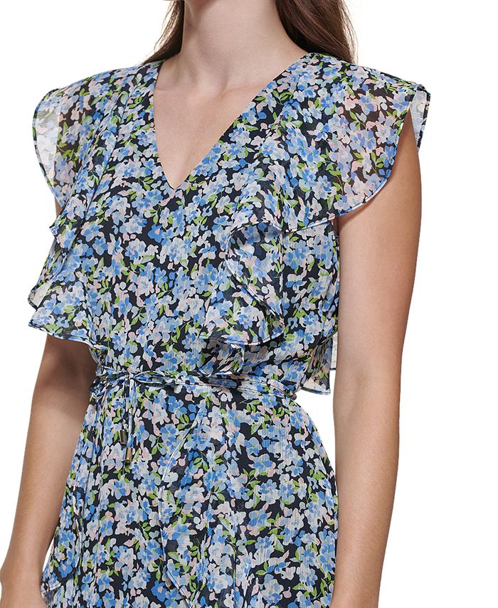Vestido feminino Tommy Hilfiger com estampa floral e manga curta, acima do joelho, azul, tamanho 8
