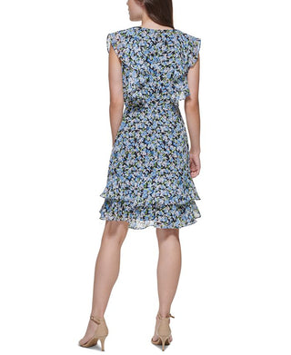 Vestido feminino Tommy Hilfiger com estampa floral e manga curta, acima do joelho, azul, tamanho 8