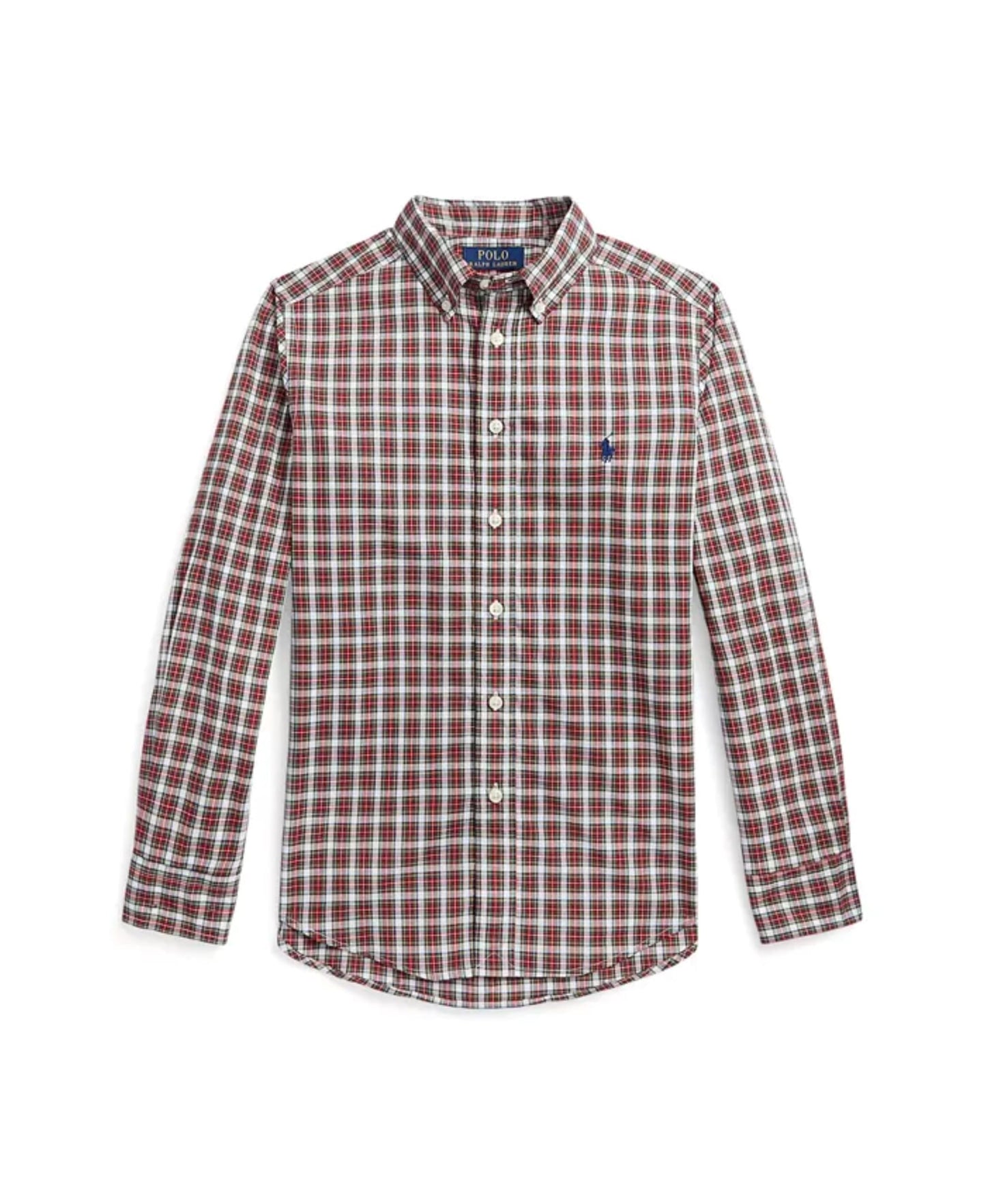 Camisa Polo Ralph Lauren para meninos, xadrez de algodão, manga comprida, com botões, vermelha, tamanho 14/16