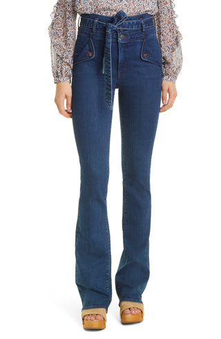 Calça jeans flare slim de cintura alta Veronica Beard Giselle em Oxford lavado, tamanho 24