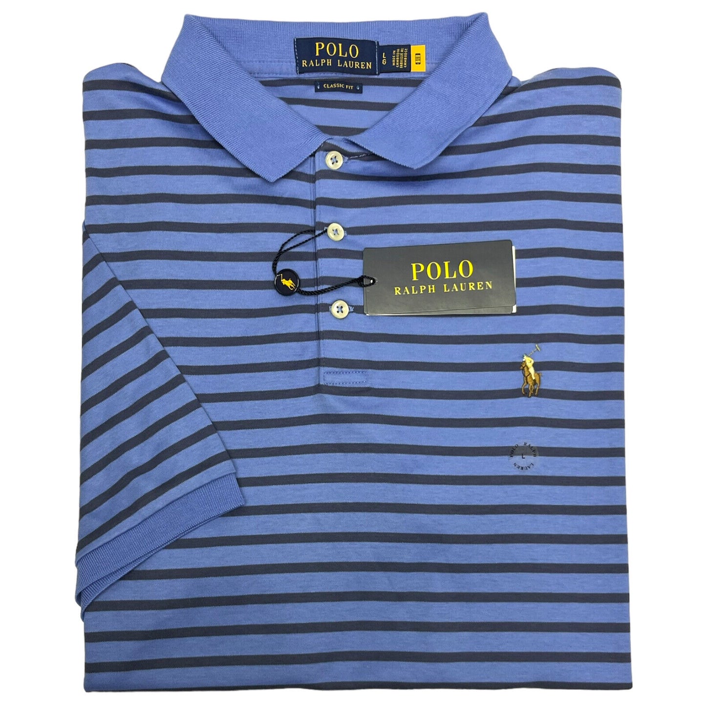 Camisa polo masculina Ralph Lauren Classic Fit listrada de algodão macio, azul, tamanho extragrande