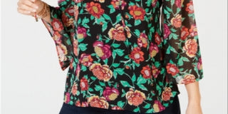 Thalia Sodi Top estampado com cadarço feminino, preto, tamanho grande