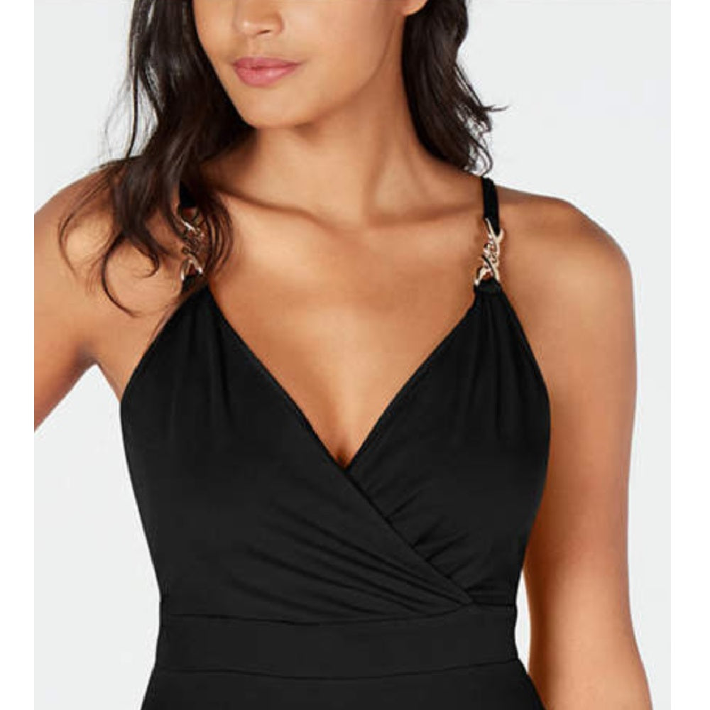 Thalia Sodi Blusa sem mangas com decote sobrepeliz feminina, preta, tamanho médio