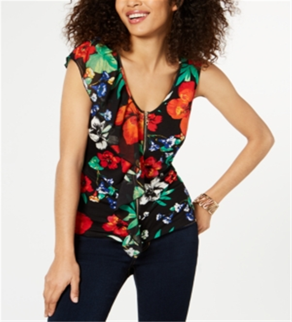 Blusa feminina estampada com babados Thalia Sodi, preta, tamanho grande