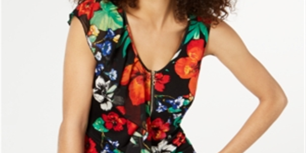 Blusa feminina estampada com babados Thalia Sodi, preta, tamanho grande