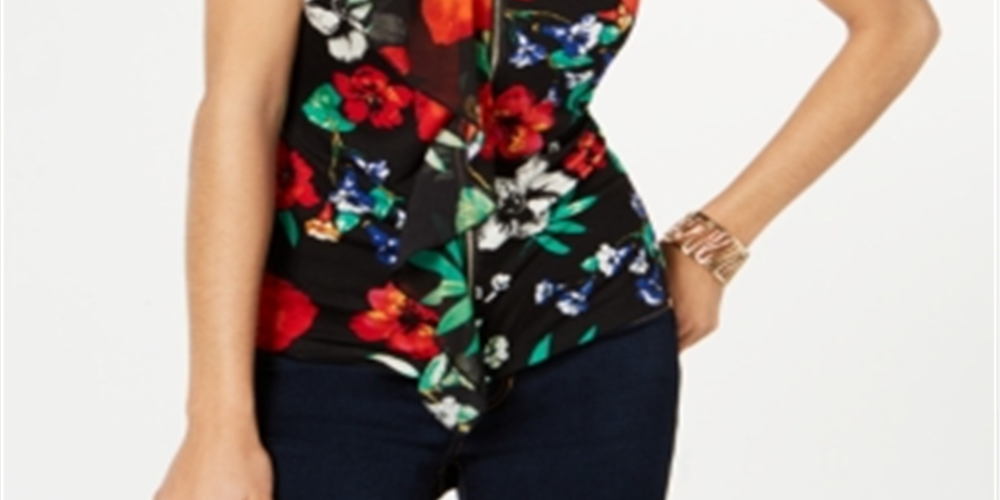 Blusa feminina estampada com babados Thalia Sodi, preta, tamanho grande