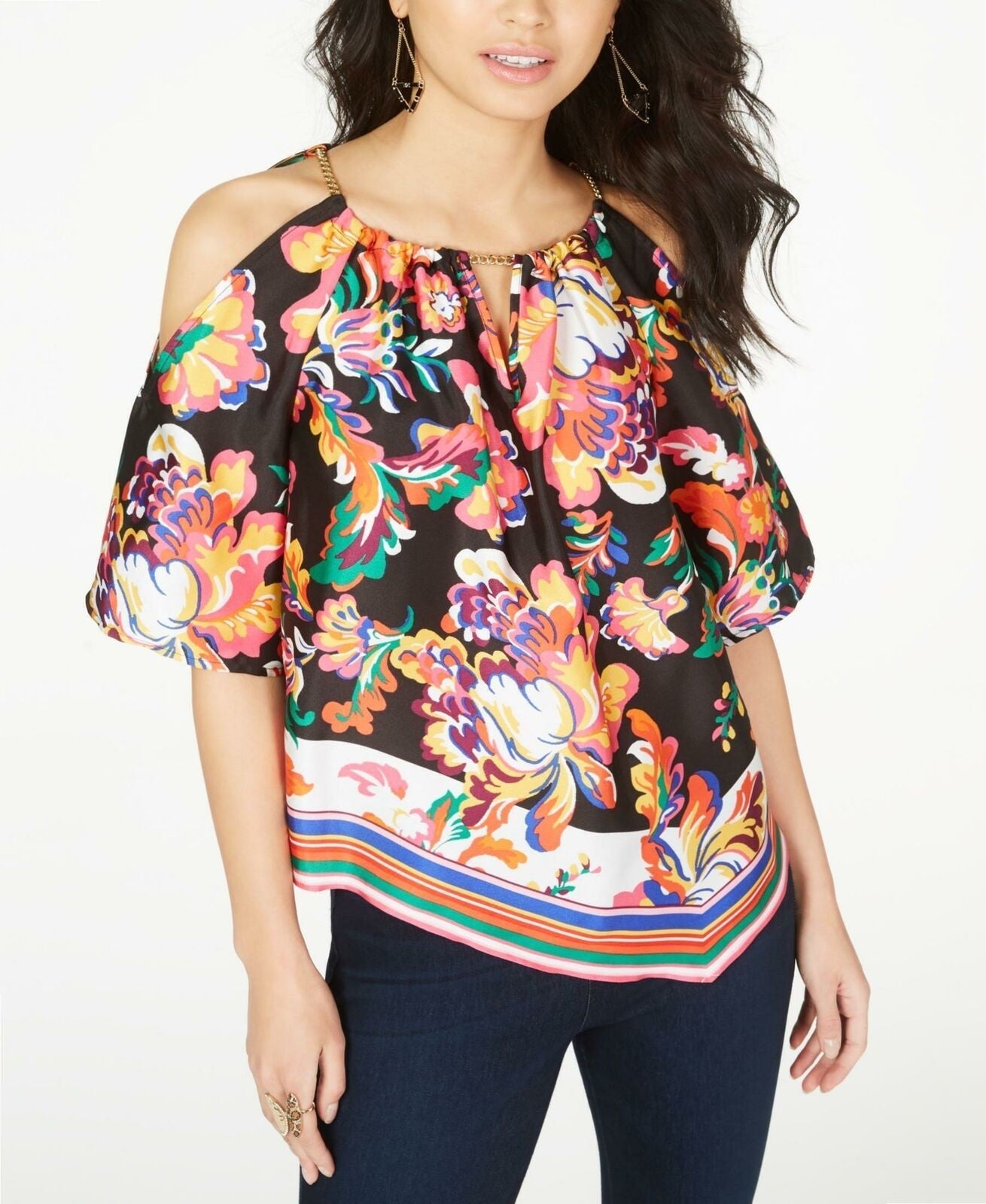 Blusa feminina estampada com decote em corrente Thalia Sodi, preta, tamanho médio