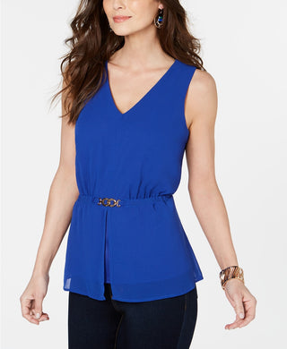 Thalia Sodi Top peplum sem mangas com decote em V feminino, azul, tamanho pequeno