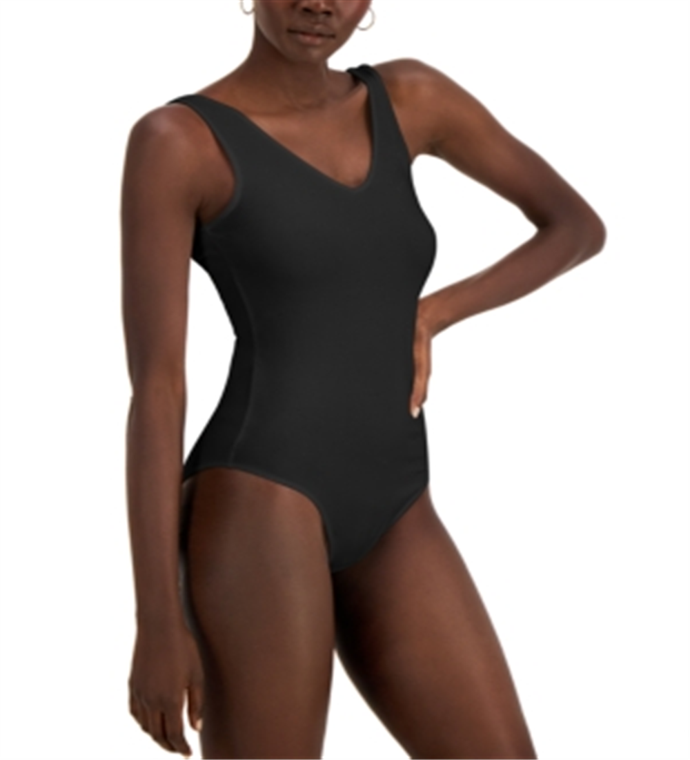 Body feminino com decote em V preto, tamanho médio