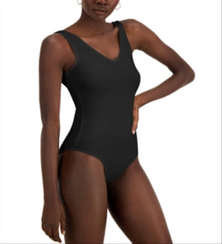 Body feminino com decote em V preto, tamanho médio
