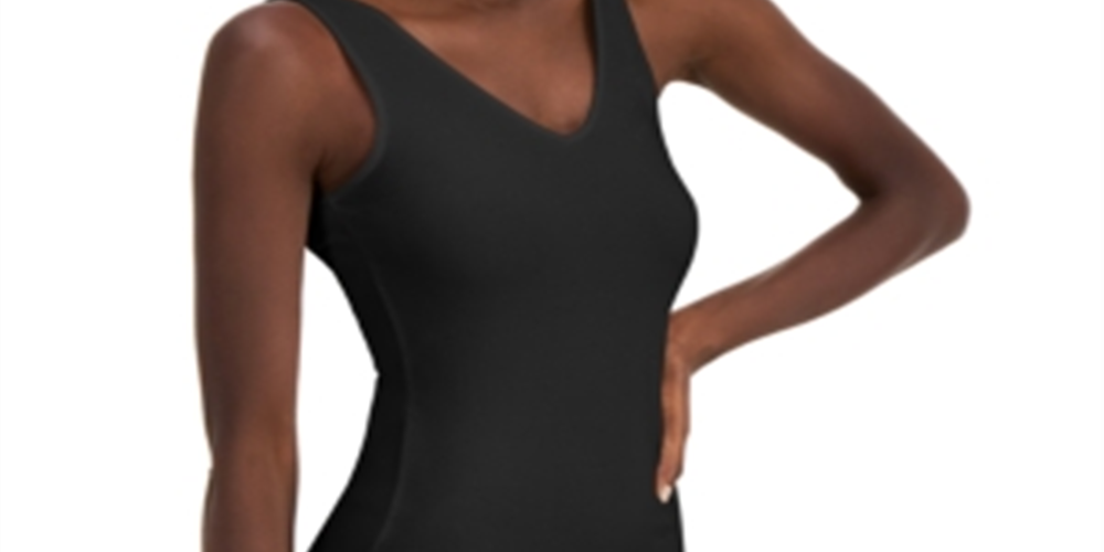 Body feminino com decote em V preto, tamanho médio