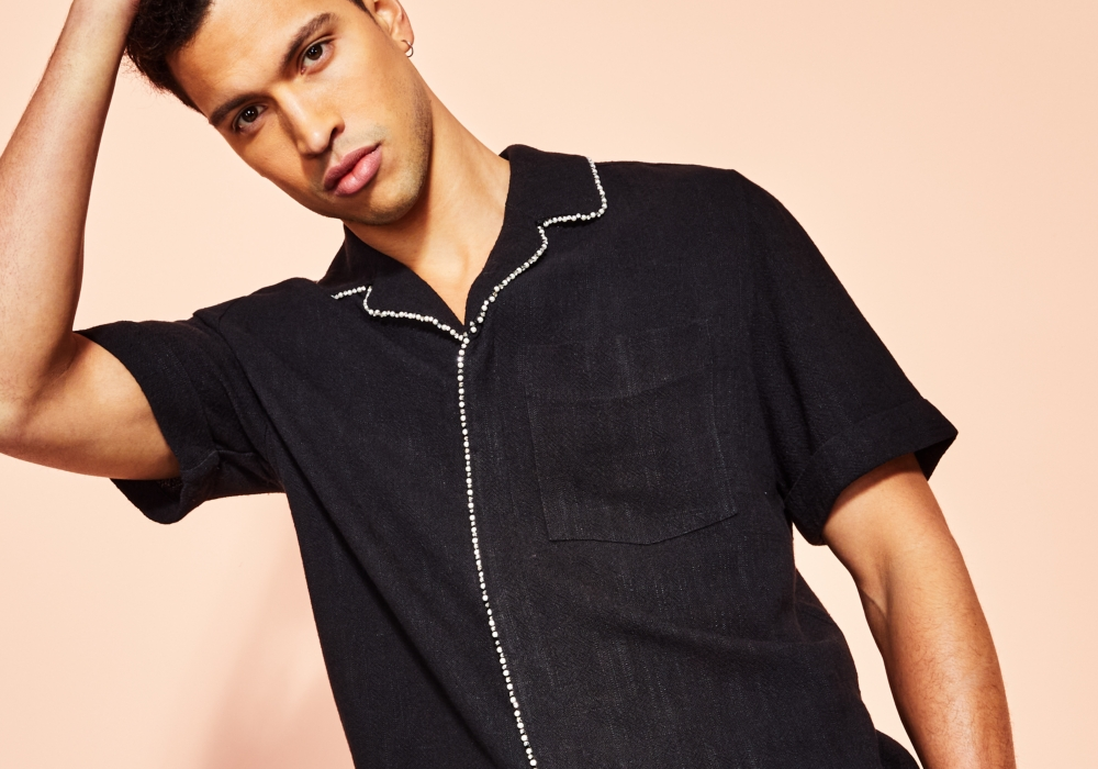 Camisa masculina com botões frontais contrastantes Royalty By Maluma, preta, tamanho 2XL