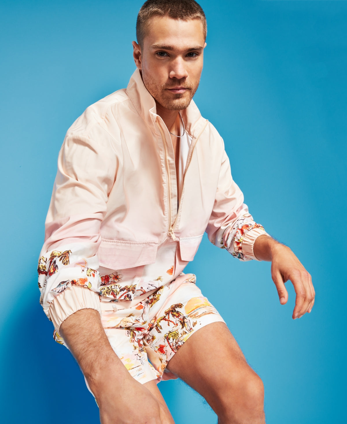 Jaqueta masculina com estampa relaxada e zíper de meio comprimento, tamanho grande, laranja, da Royalty by Maluma