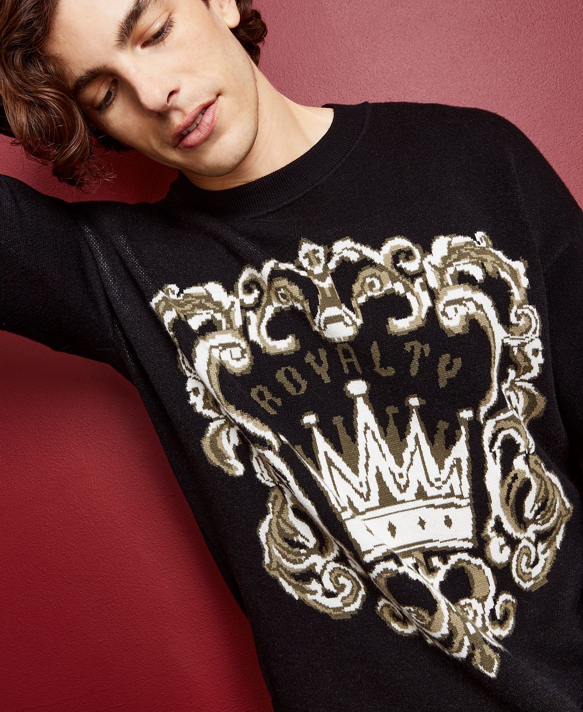 Suéter masculino Royalty by Maluma com corte relaxado e logotipo em jacquard Birdseye, preto, tamanho grande