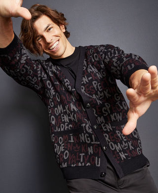 Cardigan masculino com decote em V e letras, preto, tamanho grande