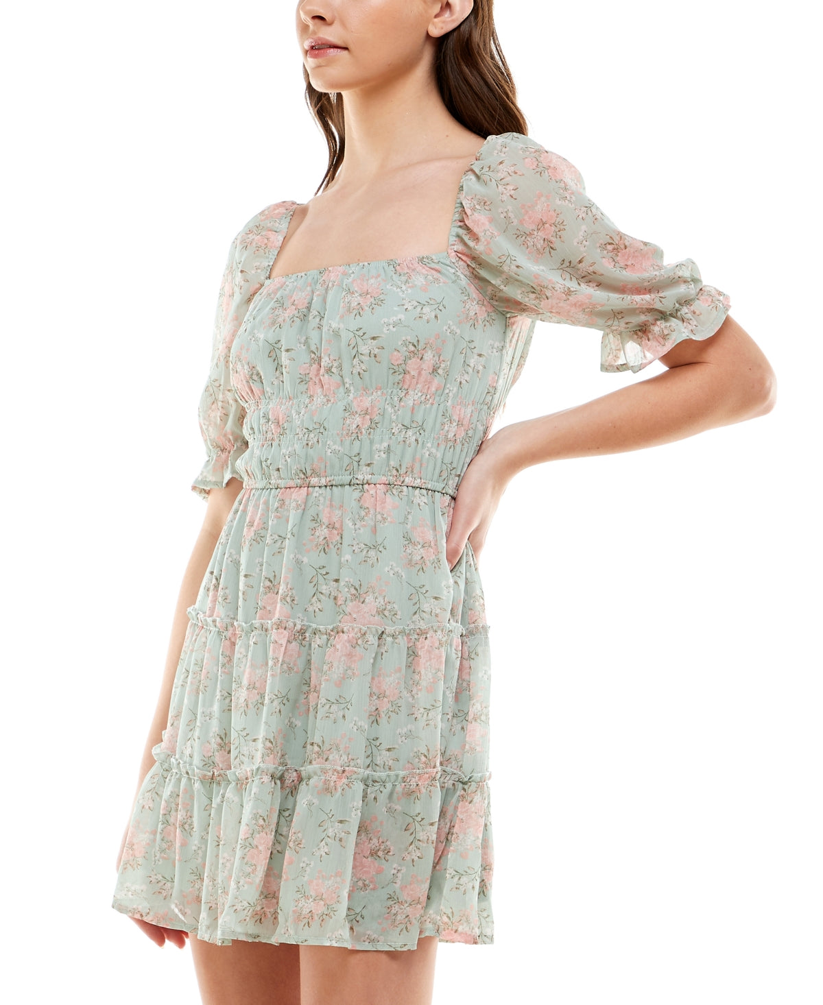 Vestido Trixxi Junior com estampa floral e camadas, verde, tamanho médio