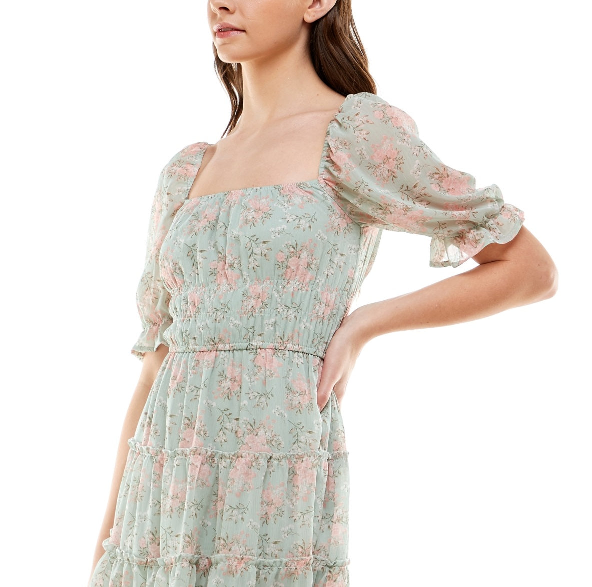 Vestido Trixxi Junior com estampa floral e camadas, verde, tamanho médio