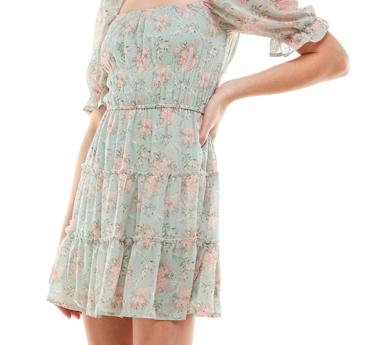 Vestido Trixxi Junior com estampa floral e camadas, verde, tamanho médio