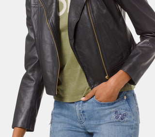 Jaqueta de couro feminina Michael Kors Moto preta tamanho pequeno médio
