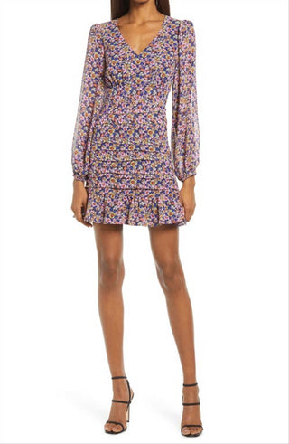 Floret Studios Minivestido Floral com Manga Balão e Babados em Preto Multi Floral Tamanho Médio