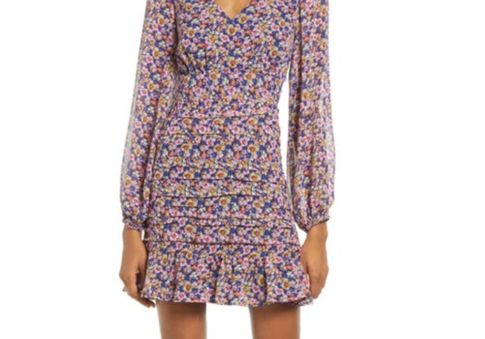Floret Studios Minivestido Floral com Manga Balão e Babados em Preto Multi Floral Tamanho Médio