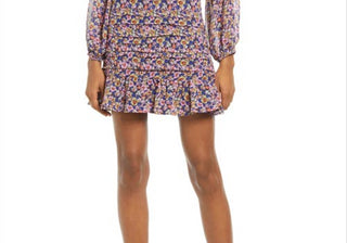 Floret Studios Minivestido Floral com Manga Balão e Babados em Preto Multi Floral Tamanho Médio