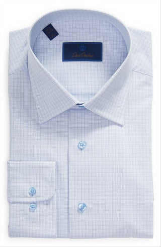 Camisa social xadrez fina David Donahue Regular Fit, azul, tamanho 16,5 a 32