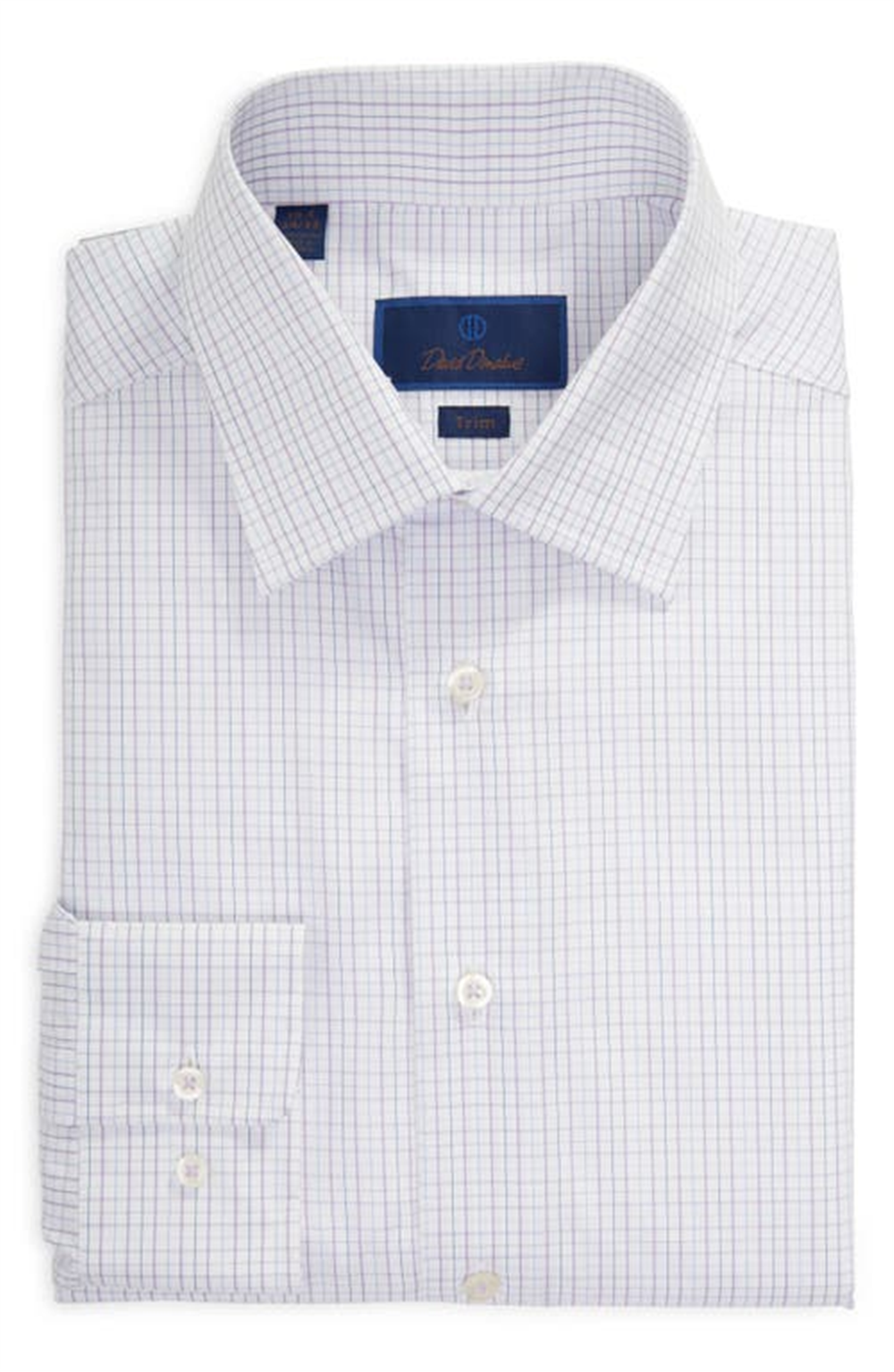 Camisa social xadrez David Donahue Trim Fit em branco/lilás, tamanho 16,5 - 34