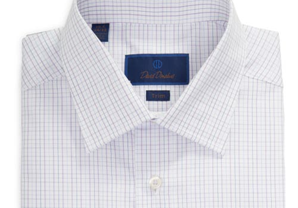 Camisa social xadrez David Donahue Trim Fit em branco/lilás, tamanho 16,5 - 34