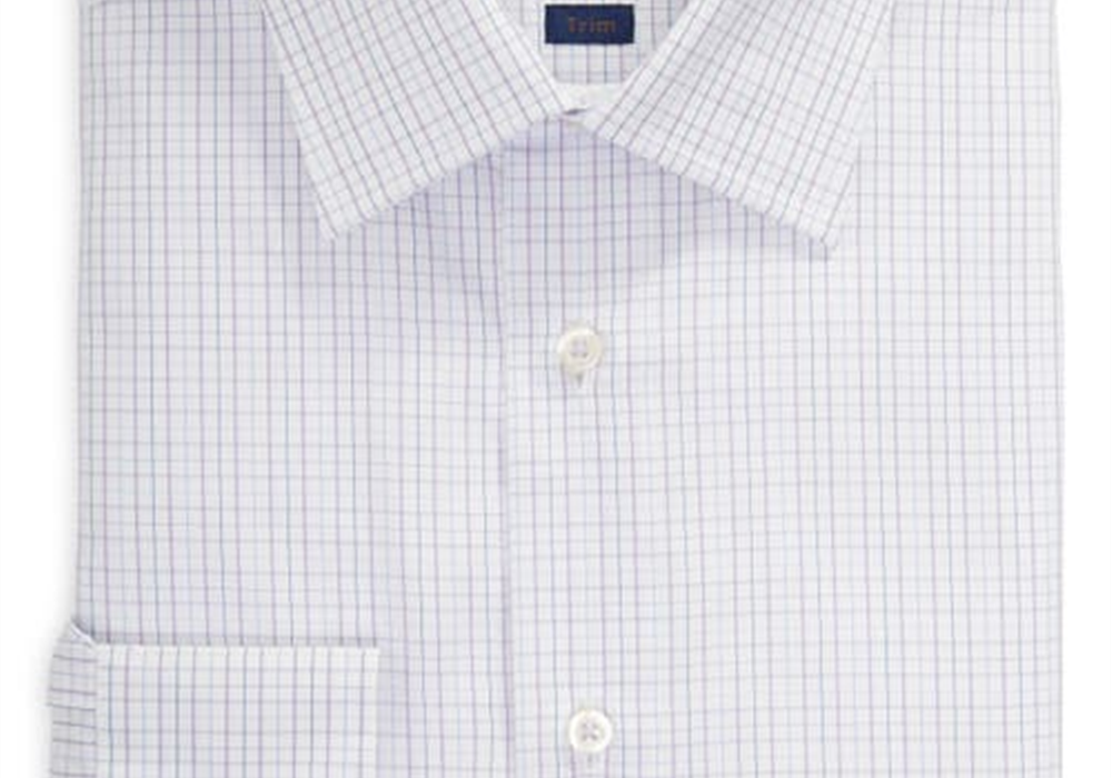 Camisa social xadrez David Donahue Trim Fit em branco/lilás, tamanho 16,5 - 34