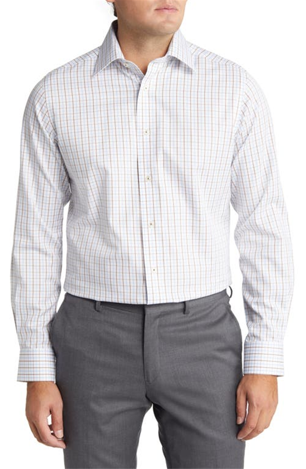 Camisa social de algodão David Donahue Trim Fit, sem passar, em branco/marrom/azul