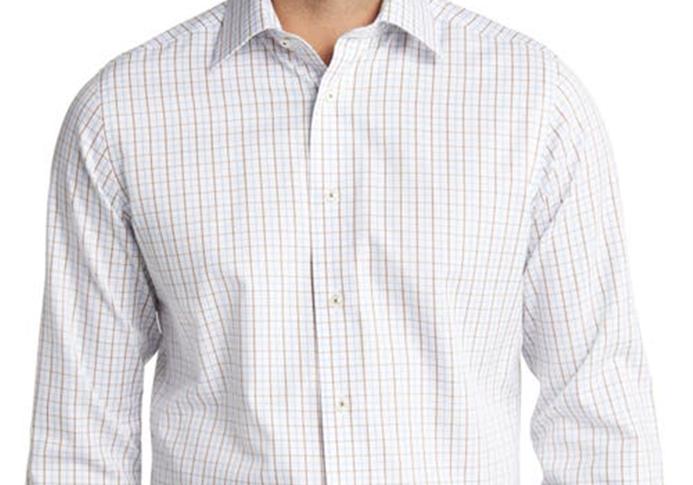 Camisa social de algodão David Donahue Trim Fit, sem passar, em branco/marrom/azul
